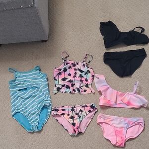 Mixed Girls Swimwear Lot - Pink Palm, Blue Stripe & Black Sets